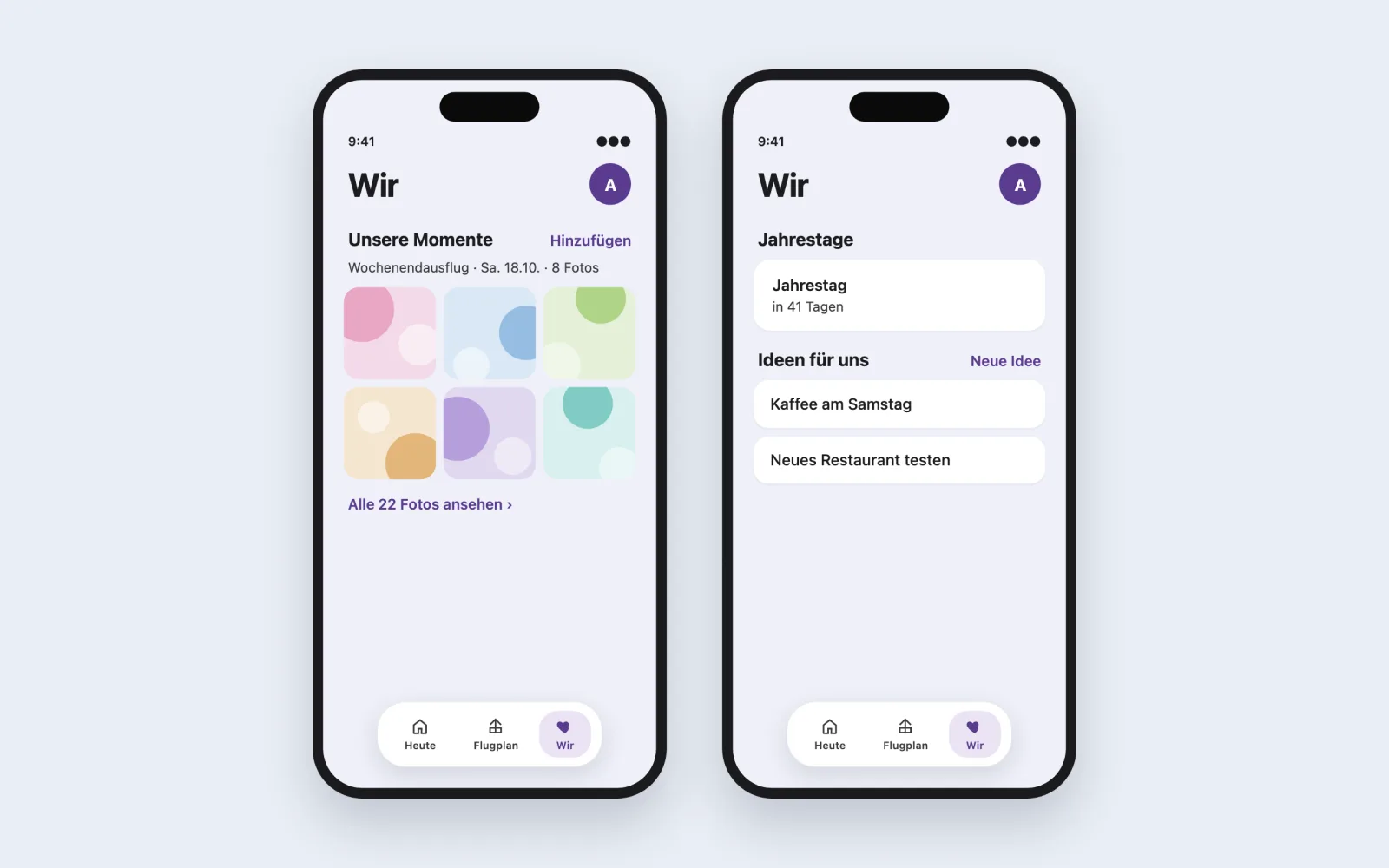 Gestaltetes Beispielbild der Paar-App mit Demoinhalten auf zwei Telefonrahmen